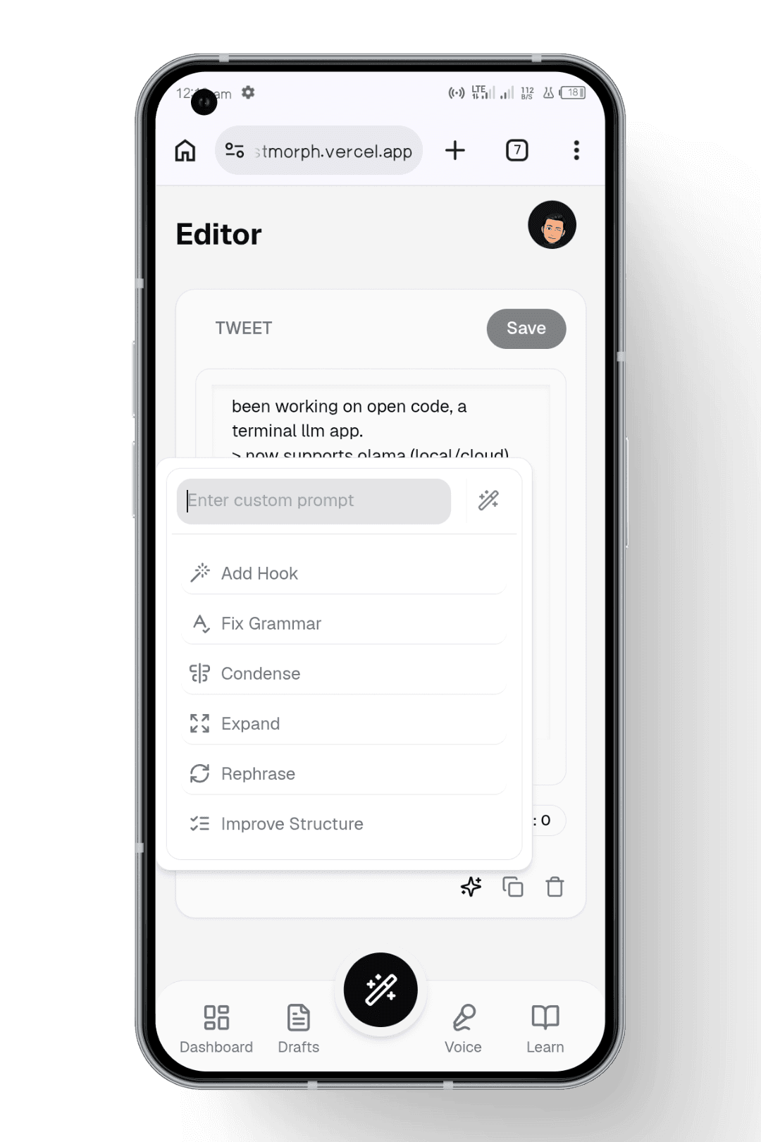 Postmorph built-in draft editor