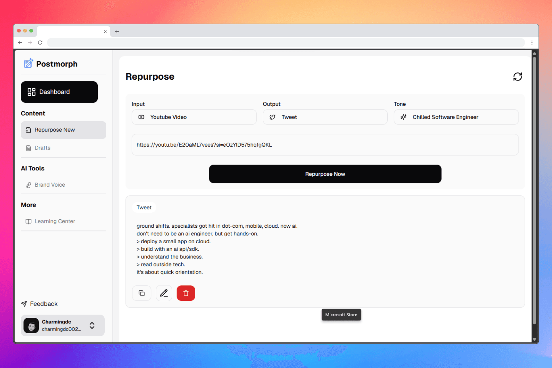 Postmorph repurpose page interface